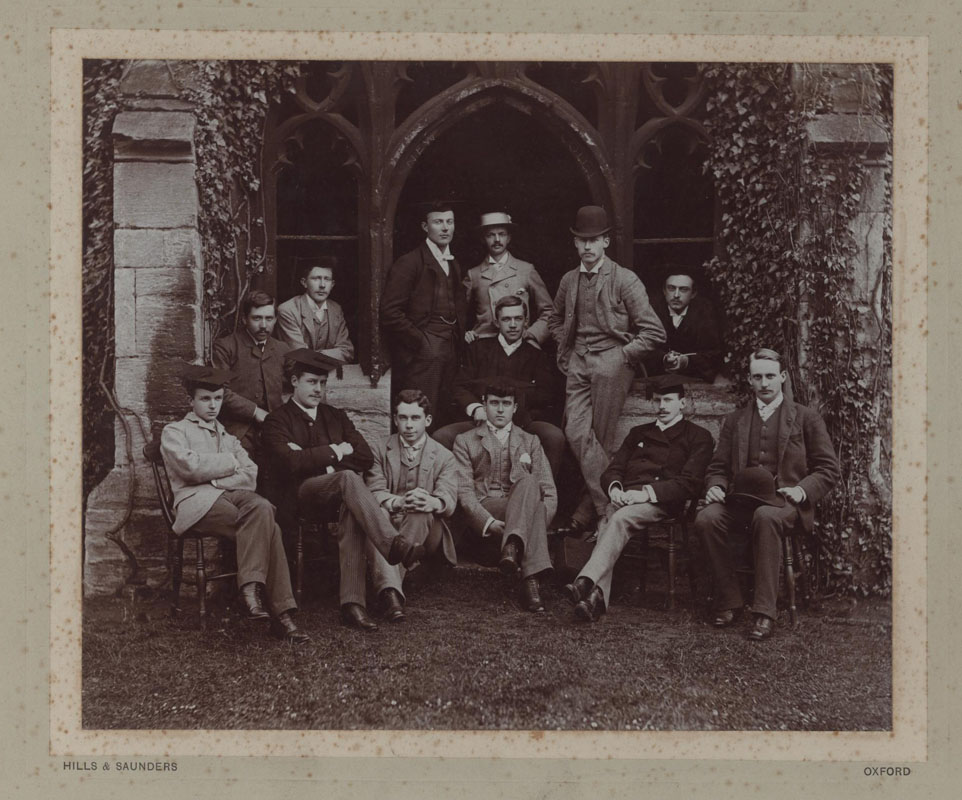 NCA JCR/Q2/3, Photograph of Ƶ Essay Society members, including Herbert A.L. Fisher (back row, in subfusc), Lionel Pigot Johnson, celebrated 1890s poet (front row, first on the left), and Campbell Dodgson, future Keeper of Prints & Drawings at the British Museum and son-in-law of Warden Spooner (front row, third from left), 1888
